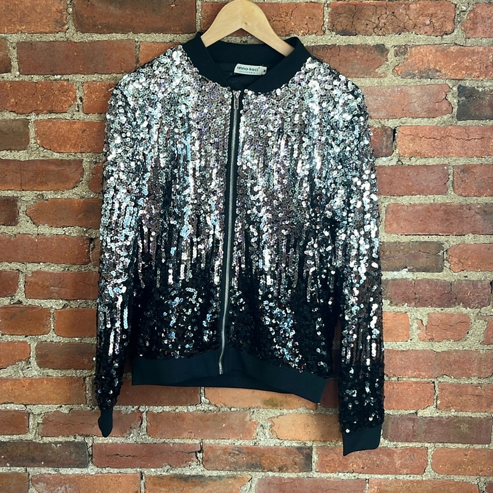 Sequin bomber jacket in black & silver (size medium)